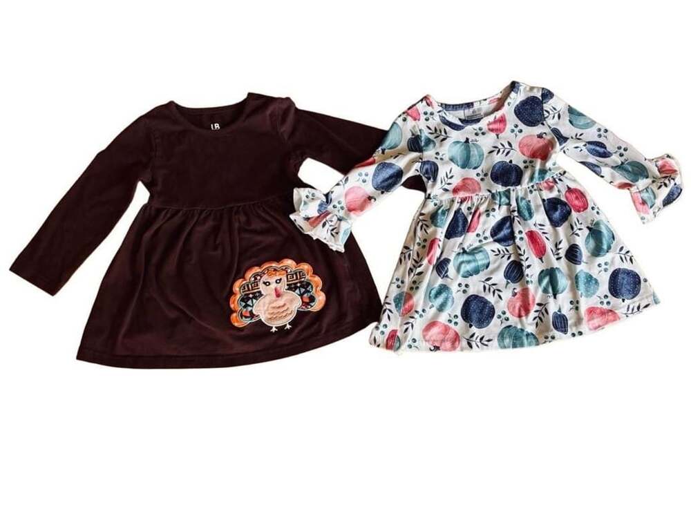 Marie Nicole Turkey and Pumpkin Long Sleeve Fall Dresses Set of 2